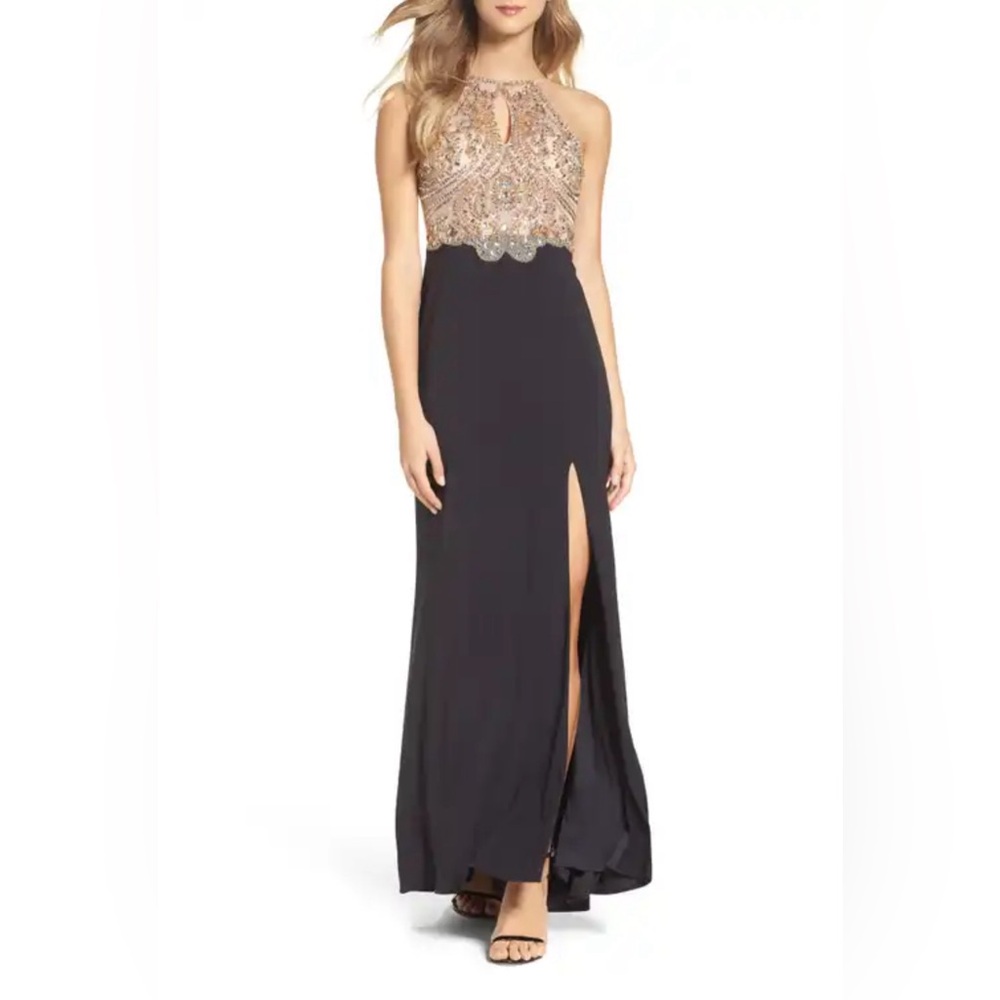 NWOT Blondie Nights Black Halter Gown with Illusion Mesh and Aurora Borealis 3